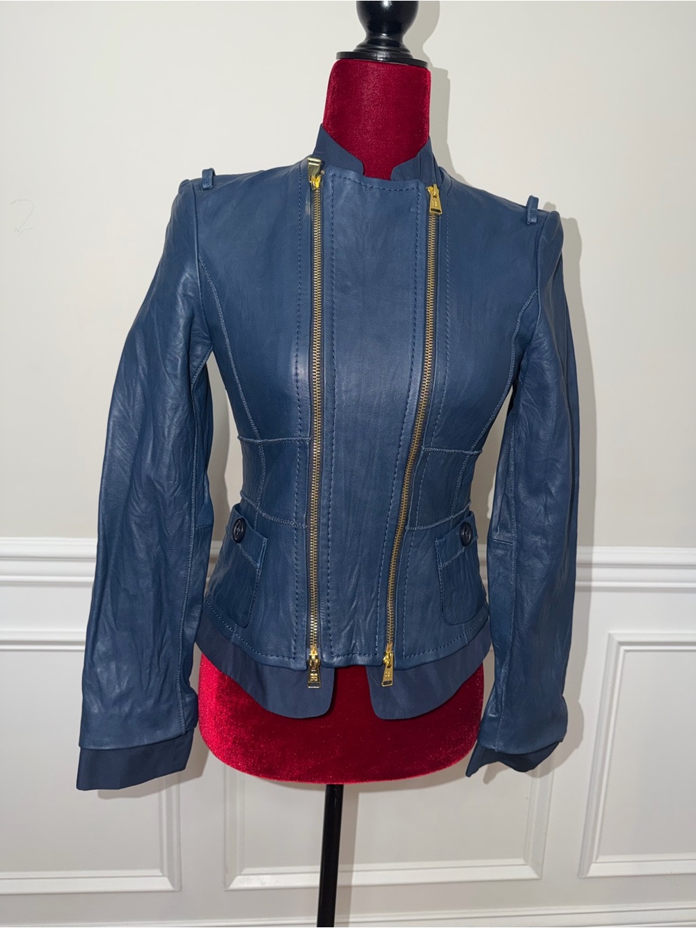 BCBGMAXAZRIA Navy Blue Leather Moto Jacket - Size XS
